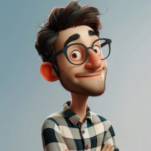 Image of a Cartoon man in Pixar style full body shot joyful and contemplating with plain background