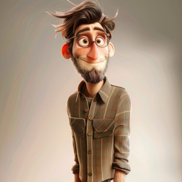 Image of a Cartoon man in Pixar style full body shot joyful and contemplating with plain background