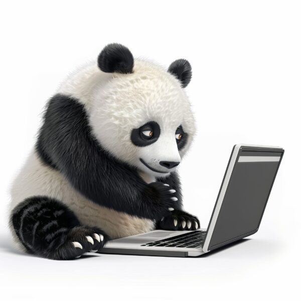 Image of a The Panda is typing something funny on his laptop scaled