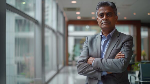 Image of a confident Indian businessman standing by his office building