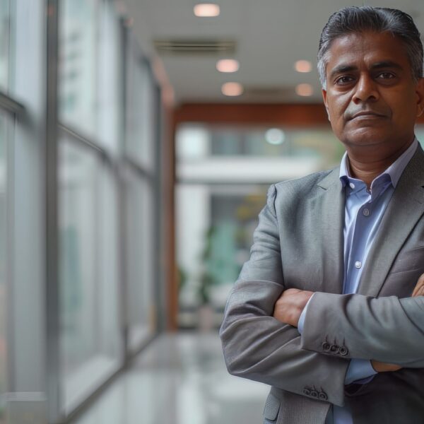 Image of a confident Indian businessman standing by his office building