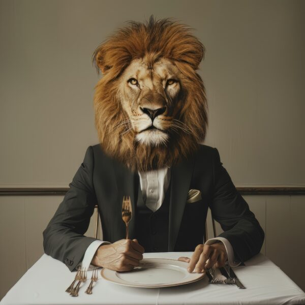 Image of a man with a lion's face at a restaurant table