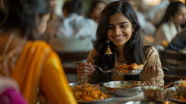 Image of a wealthy Indian family enjoying food from India at a restaurant