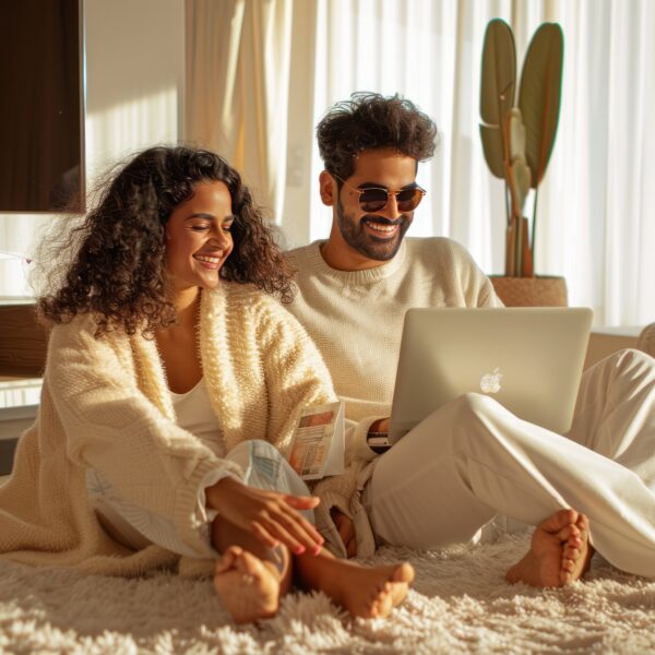 Indian couple shopping on laptop image