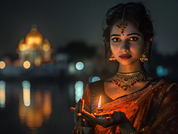 Indian lady holding a Diya during the Diwali celebration Image