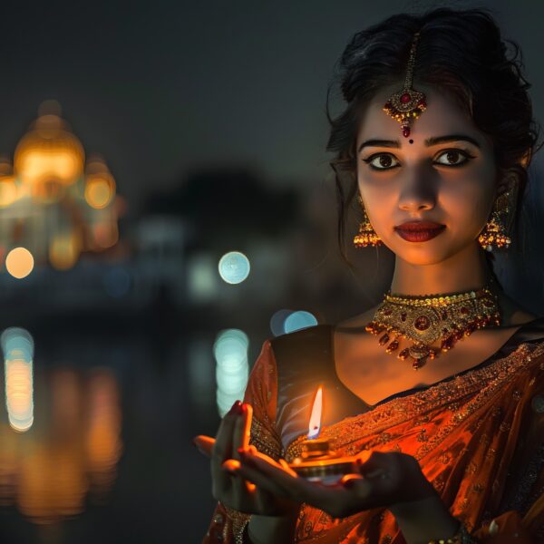 Indian lady holding a Diya during the Diwali celebration Image