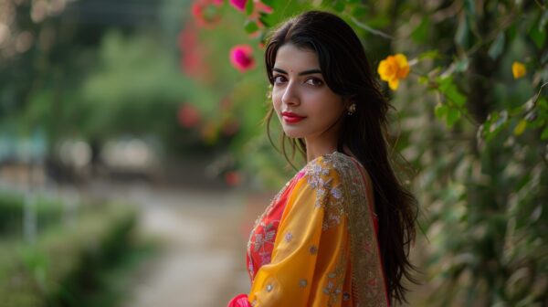 Indian model's confident pose in traditional dress