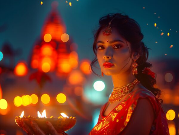 Indian woman celebrating Diwali with a Diya Image