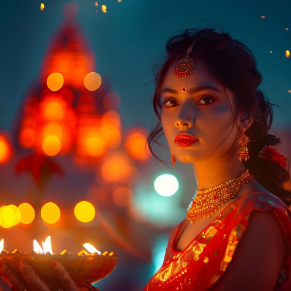 Indian woman celebrating Diwali with a Diya Image