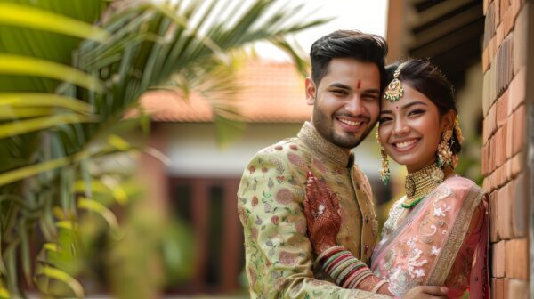 Photo capturing a confident and wealthy young Indian couple smiling outside their home