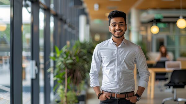 Photo capturing a confident young Indian businessman smiling in his office