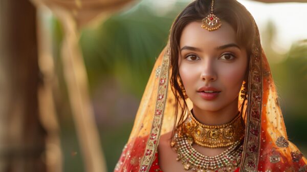 Photo capturing a gorgeous Indian bride in traditional attire and jewelry