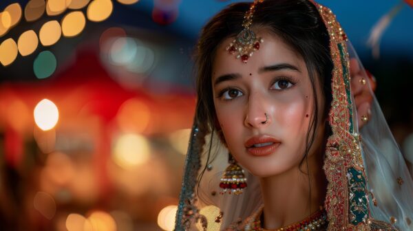 Photo of a beautiful young Indian bride in traditional dress and jewelry