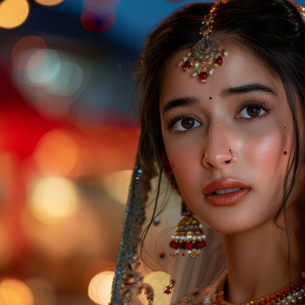 Photo of a beautiful young Indian bride in traditional dress and jewelry