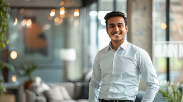 Photo of a confident smiling young Indian businessman in an office