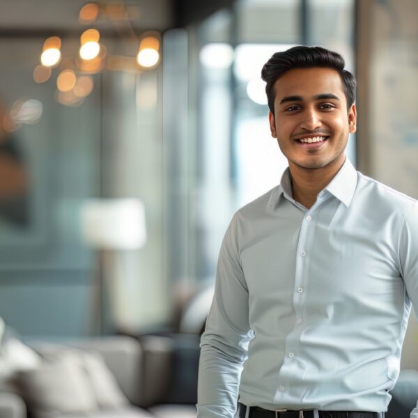 Photo of a confident smiling young Indian businessman in an office