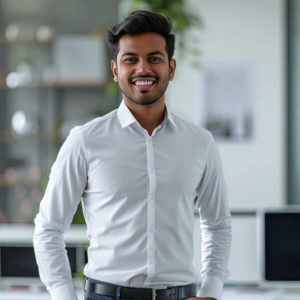 Photo of a confident smiling young Indian businessman in an office