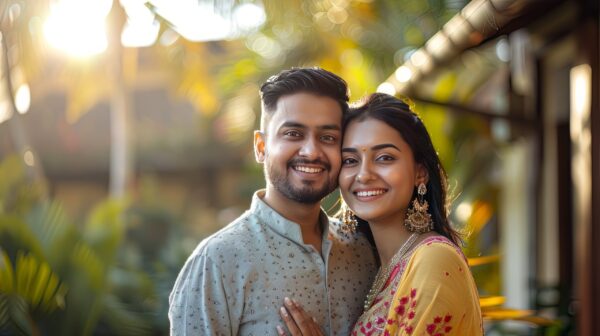 Photo of a confident young and affluent Indian couple smiling in front of their house