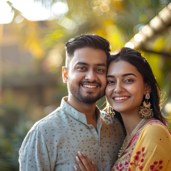 Photo of a confident young and affluent Indian couple smiling in front of their house