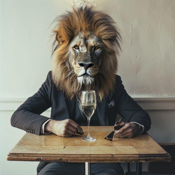 Photo of a man with a lion face seated at a restaurant table