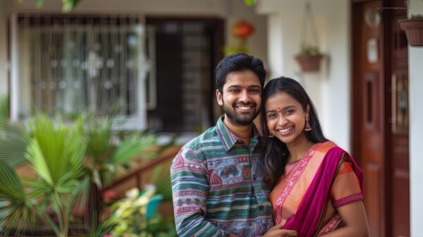 Photo of a smiling confident young Indian couple in front of their house