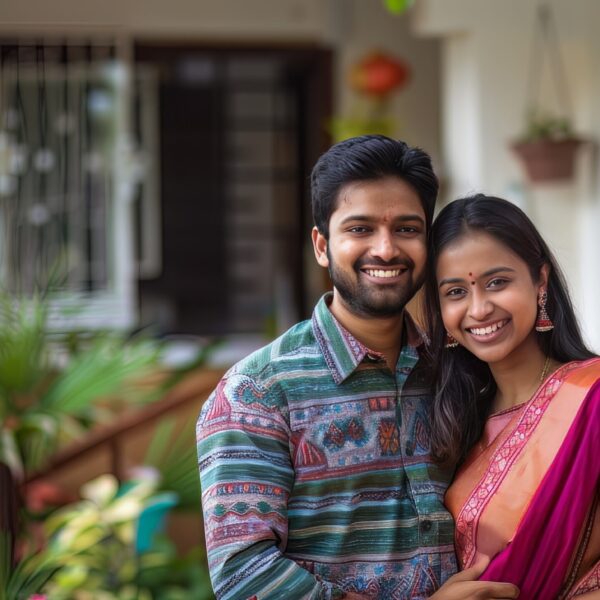 Photo of a smiling confident young Indian couple in front of their house