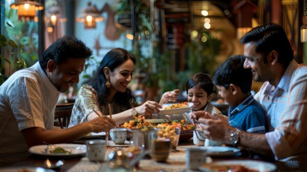 Photo of a wealthy Indian family enjoying Indian food at a restaurant