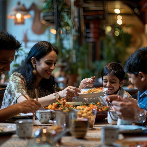 Photo of a wealthy Indian family enjoying Indian food at a restaurant