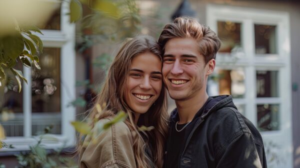 Photo of a young couple by their house