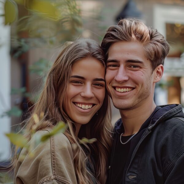 Photo of a young couple by their house