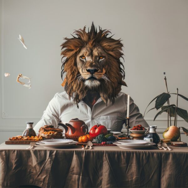 Photograph of a man with a lion face at a restaurant