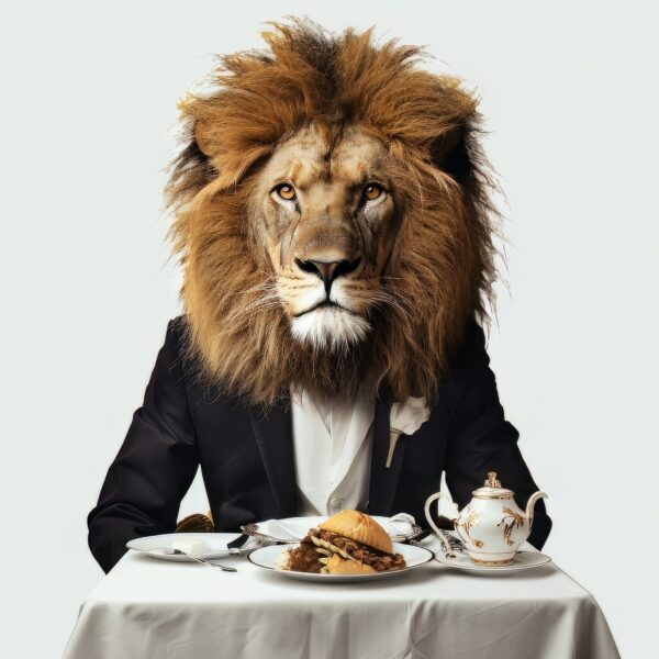 Photograph showing a man with a lion face enjoying a meal at a restaurant