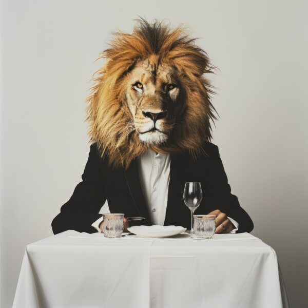 Picture of a man with a lion face at a restaurant table