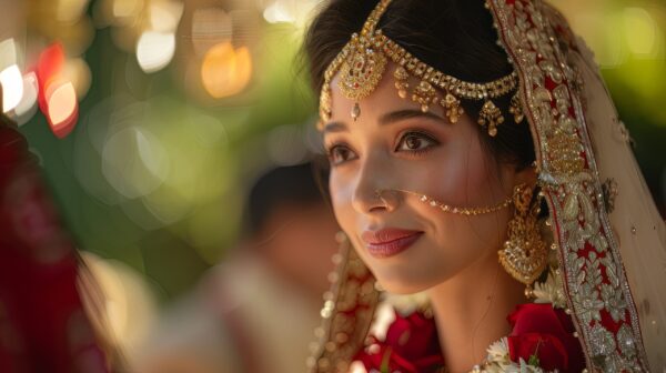 Picture of a stunning young Indian bride in traditional dress and jewelry