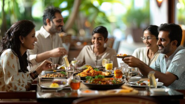 Picture of an affluent Indian family savoring Indian dishes at a restaurant