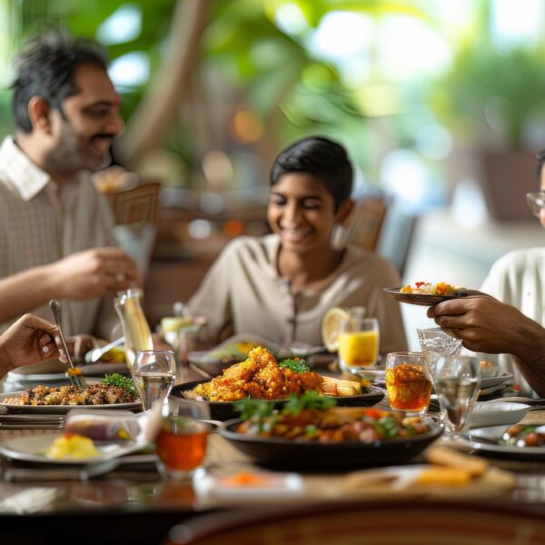 Picture of an affluent Indian family savoring Indian dishes at a restaurant