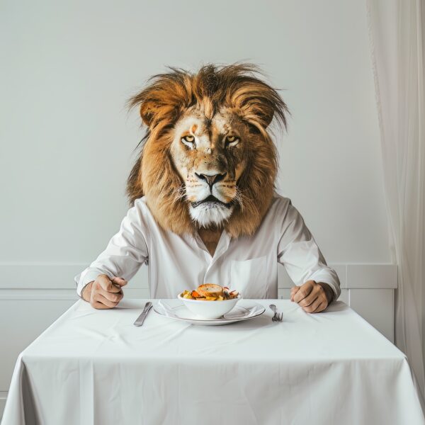 Portrait of a man with a lion face at a restaurant table