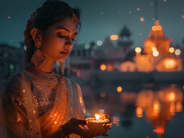 Radiant Indian lady Diya in hand celebrating the joy of Diwali Image