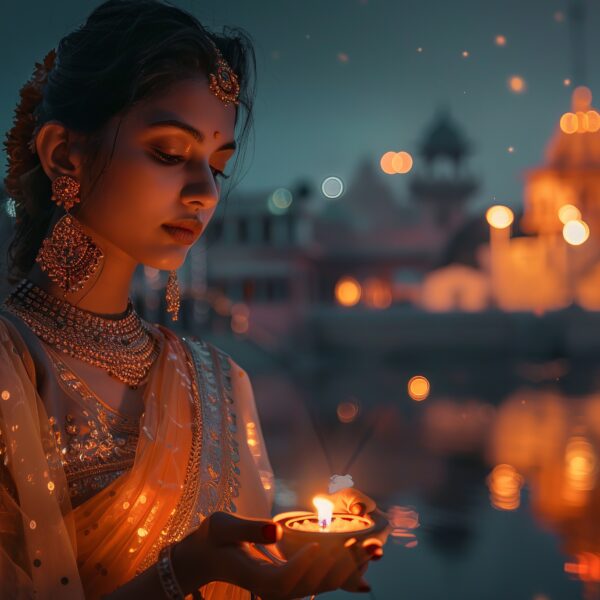 Radiant Indian lady Diya in hand celebrating the joy of Diwali Image