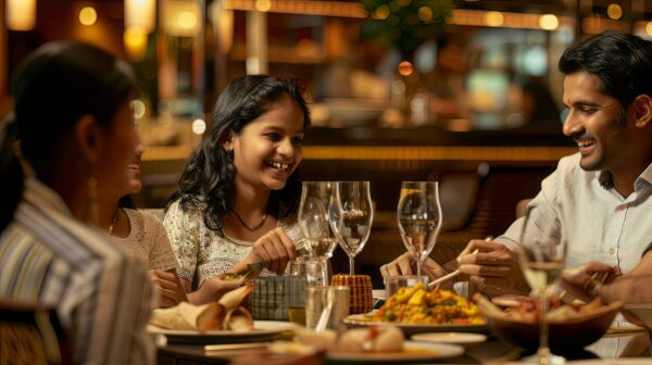 Rich Indian family dining on Indian cuisine at a restaurant photo