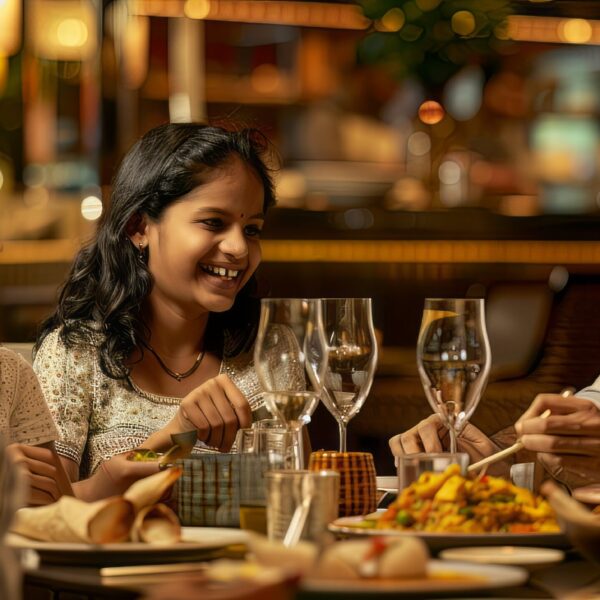 Rich Indian family dining on Indian cuisine at a restaurant photo