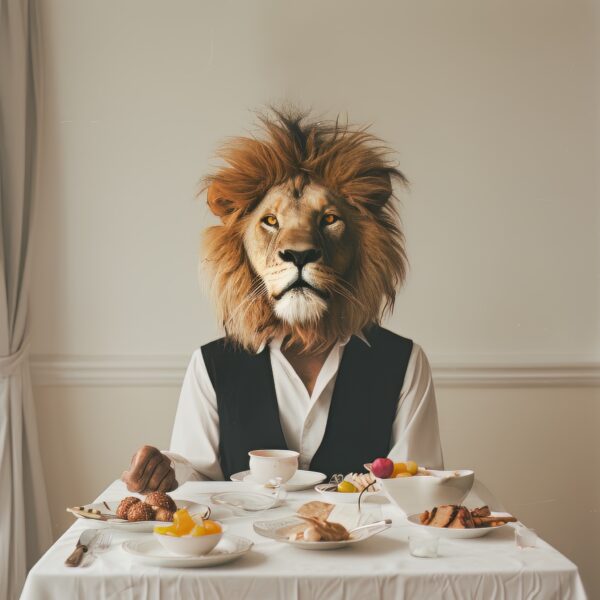 Scene of a man with a lion face at a restaurant table