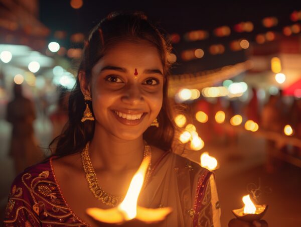 Smiling Indian lady with a Diya in hand embracing the festive spirit of Diwali Image