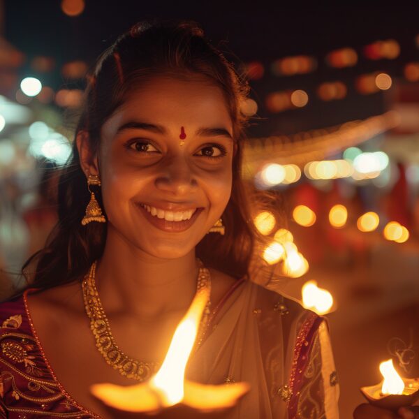 Smiling Indian lady with a Diya in hand embracing the festive spirit of Diwali Image