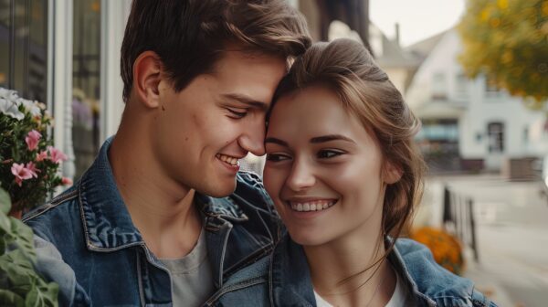 Smiling couple outside their house