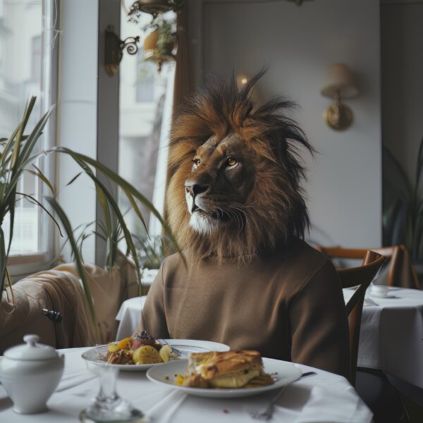 Still of a man with a lion face at a restaurant