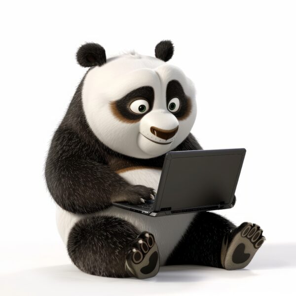 The comical Panda is busy typing on his laptop Image