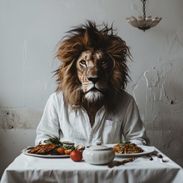 Visual of a man with a lion face at a restaurant