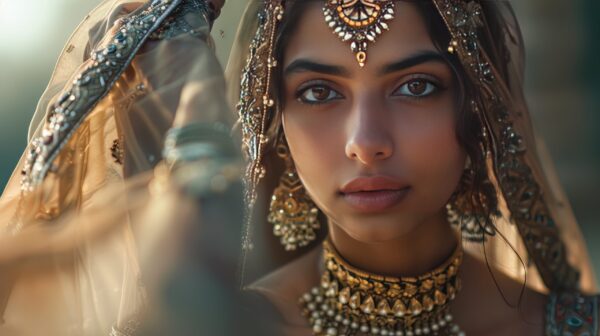 Young Indian model in elegant dress and jewelry