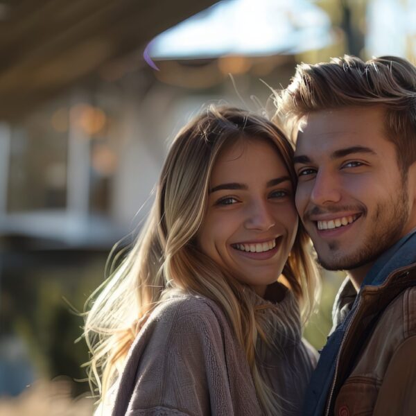 Young smiling couple in front of their house